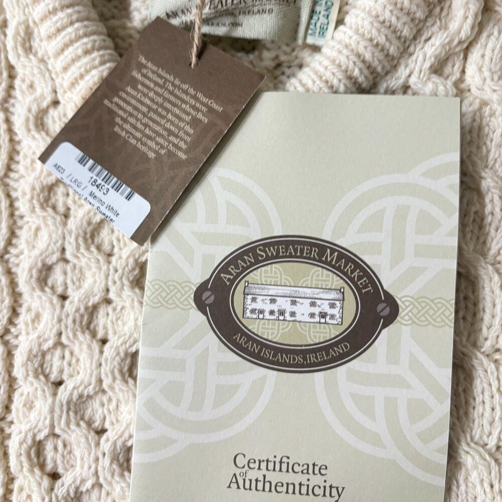 Aran Sweater Market NWT Merino Wool Fisherman Sweater Cable Knit Mens Sz L Ivory - Picture 6 of 10
